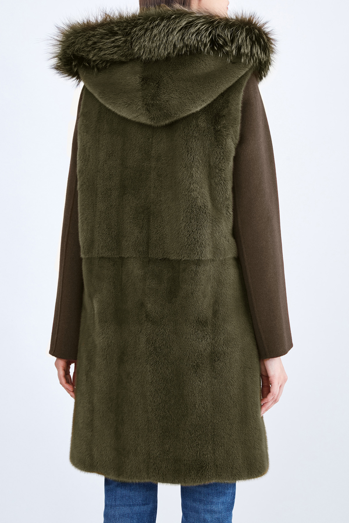 Пальто из шерсти со съемны жилетом из блестящего меха норки YVES SALOMON, цвет хаки, размер 34 - фото 4